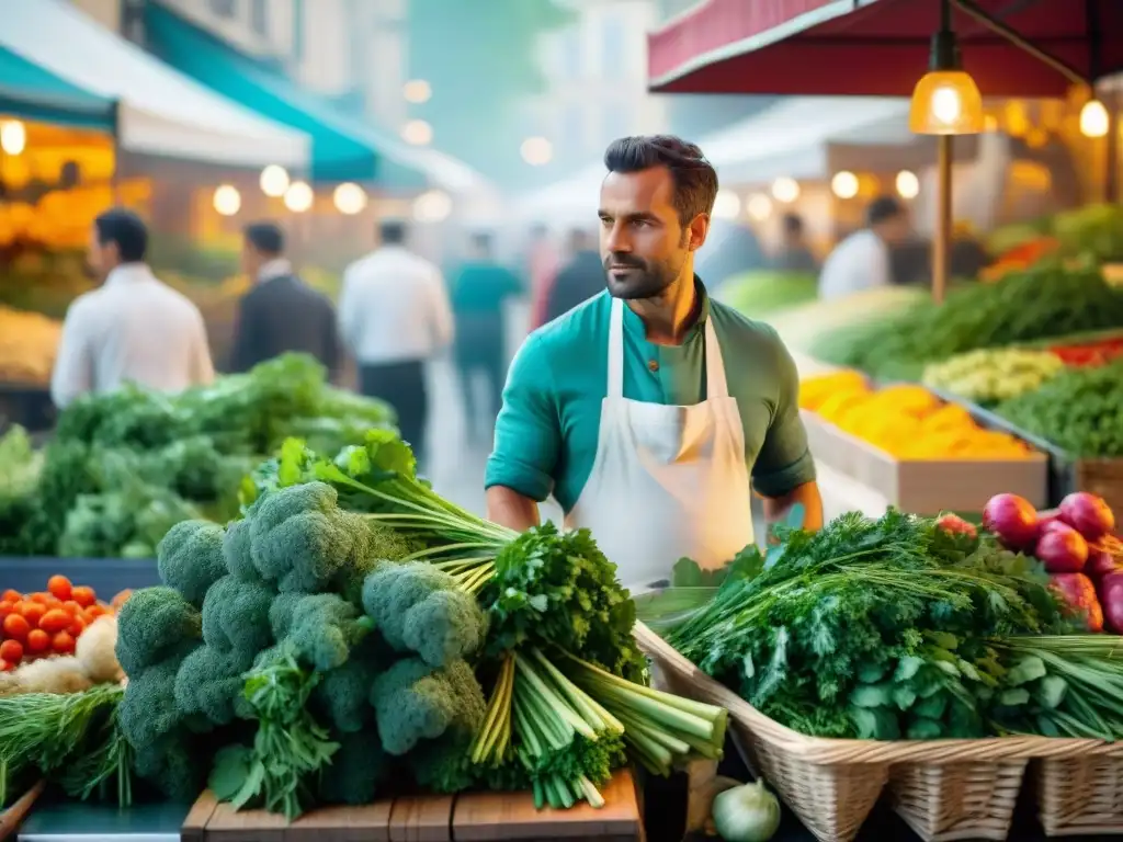 Influencia del cilantro en Francia: escena vibrante de un mercado francés con hierbas frescas y un chef seleccionando cilantro