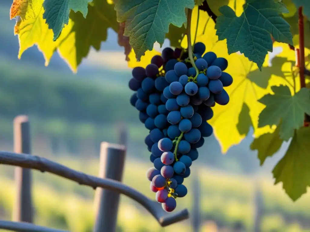 Influencia del clima en los viñedos franceses: Detalle ultradetallado de las vides en un viñedo francés, mostrando los efectos de las variaciones climáticas en las hojas y frutas