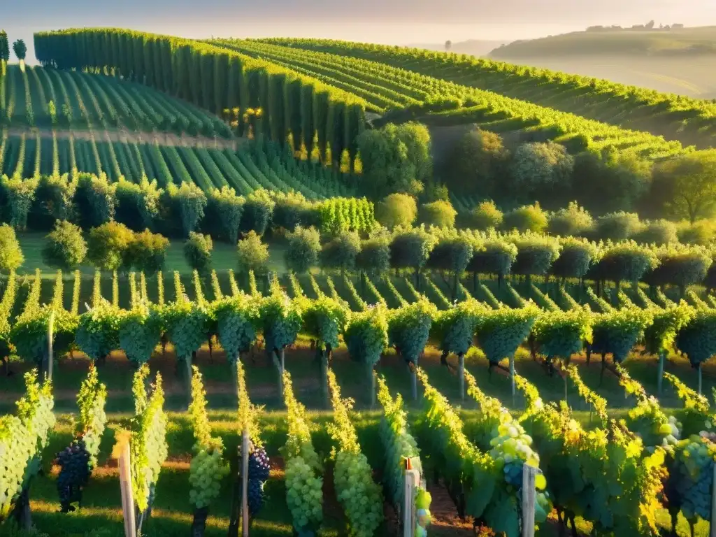 Influencia del clima en los viñedos de vinos tintos franceses al atardecer