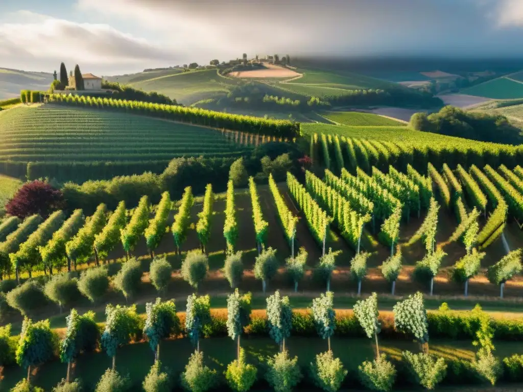 Influencia del clima en vinos tintos franceses: vista aérea impresionante de viñedos en colinas de Burdeos