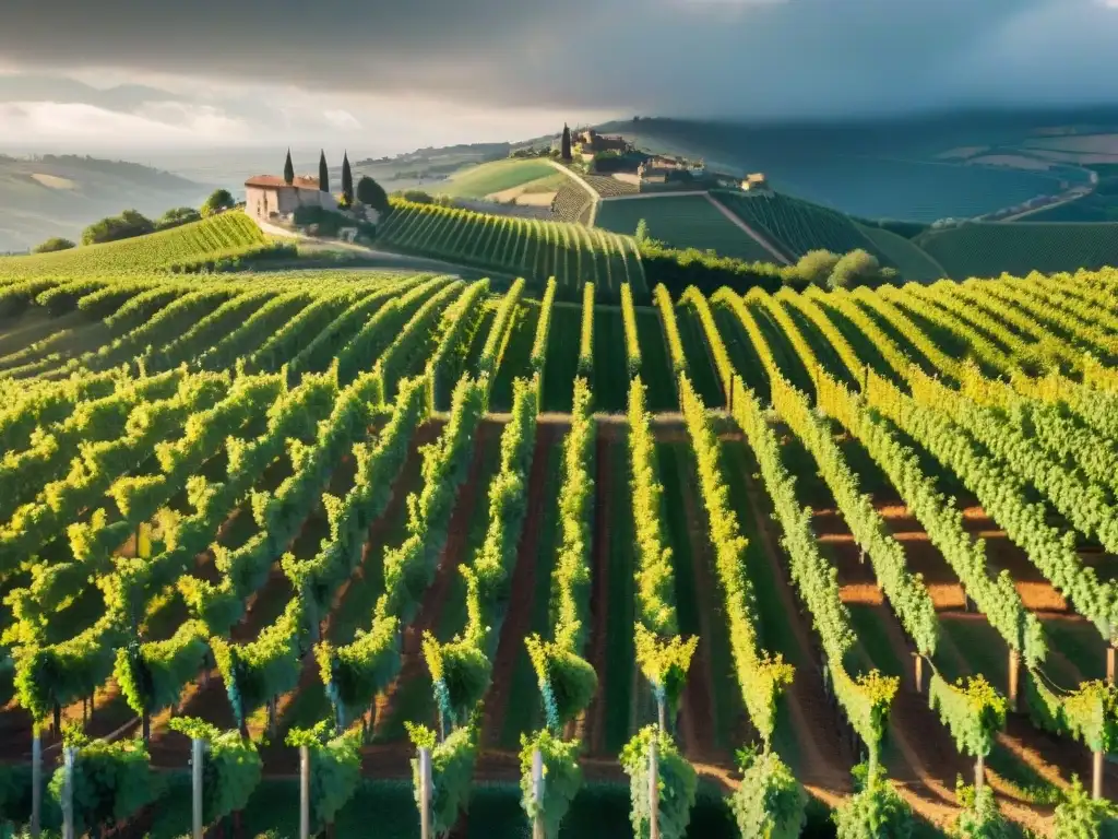 Influencia clima vinos tintos franceses: Vista aérea impresionante de viñedos en Francia, con patrones de uvas, tonos verdes y cambios de elevación