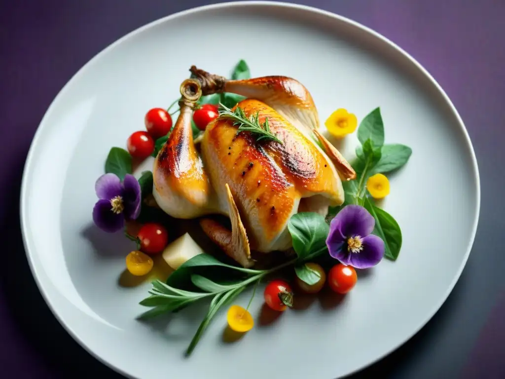 Influencia del color en presentación: Detalle vibrante de un exquisito plato francés con pollo dorado, tomates rojos y flores moradas