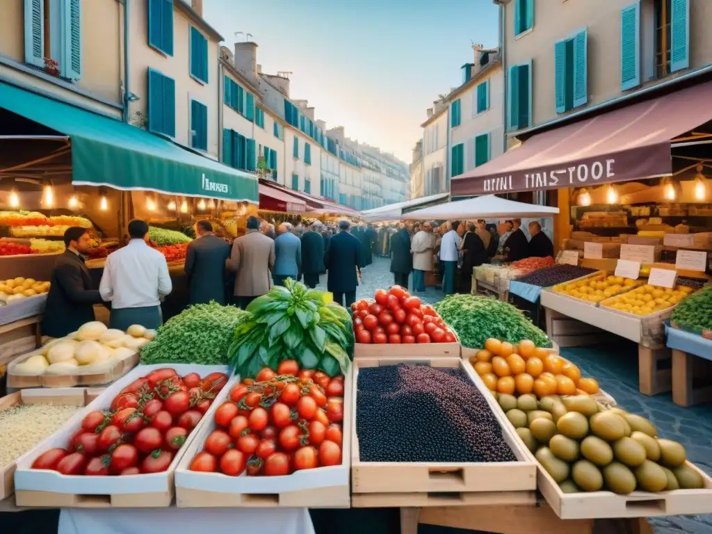 Influencia culinaria italiana en Francia: Mercado al aire libre en Francia con productos frescos italianos