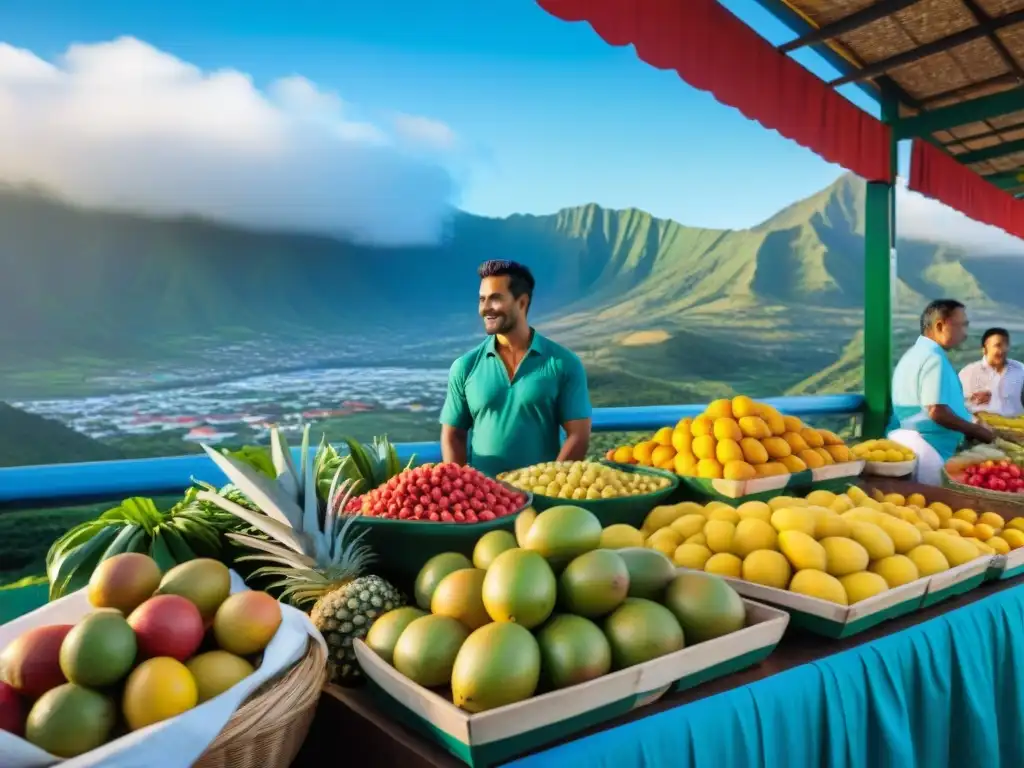 Influencia culinaria de Reunión en un mercado vibrante con frutas exóticas y especias coloridas, entre montañas verdes y cielo azul