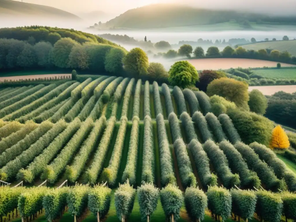 Influencia de la cultura francesa en la producción de sidra, en un idílico paisaje de Normandía con manzanos cargados de frutas listas para cosechar