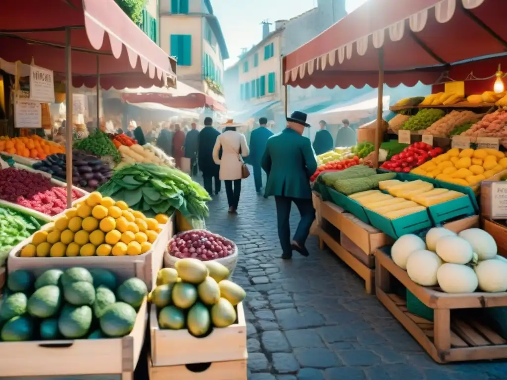 Influencia cultural cocina francesa: Mercado Provenzal vibrante y colorido bajo el cálido sol mediterráneo