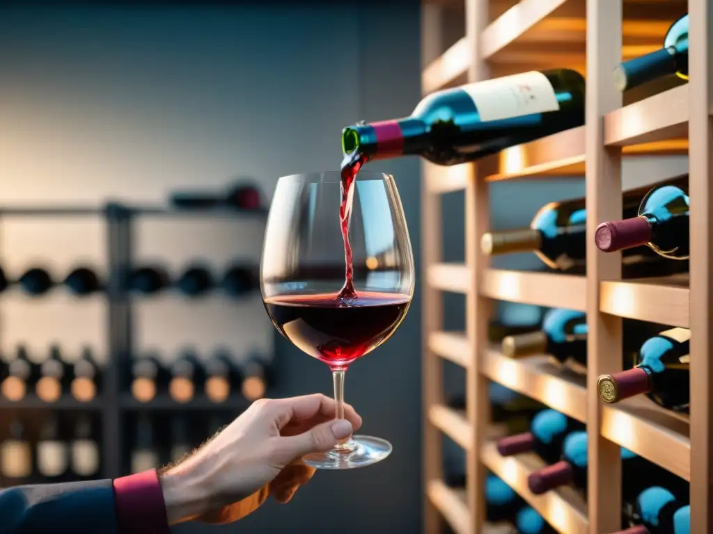 Influencia cultural de la cocina francesa: Sommelier sirviendo un exquisito vino tinto Bordeaux en copa de cristal