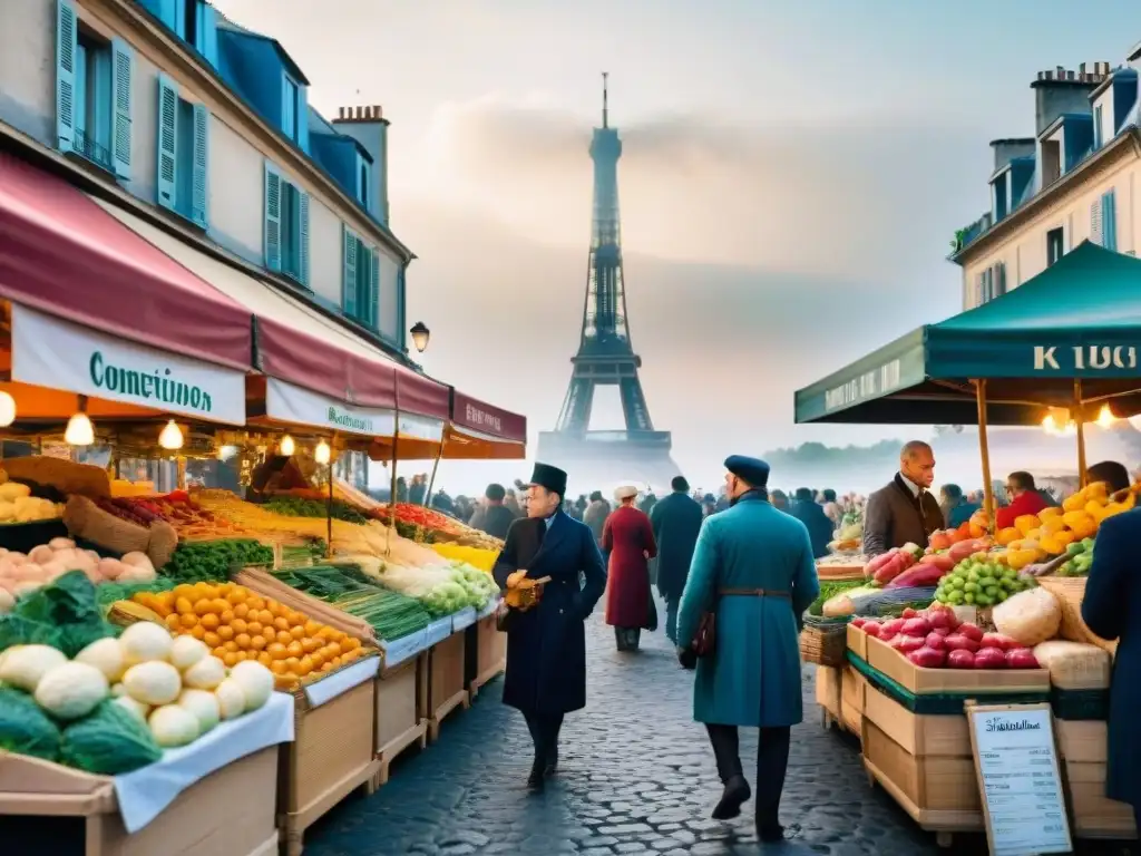Influencia cultural de la cocina francesa en un bullicioso mercado parisino lleno de colores y aromas frescos