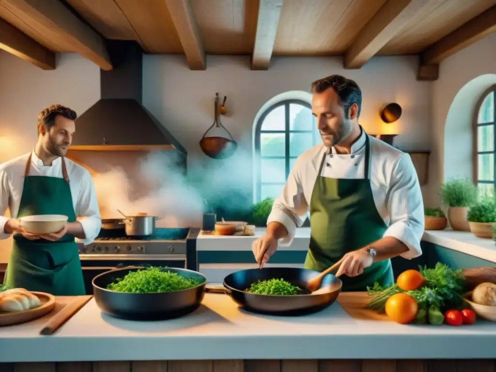 Influencia cultural cocina francesa: Chef preparando plato normando mientras músicos tocan música tradicional