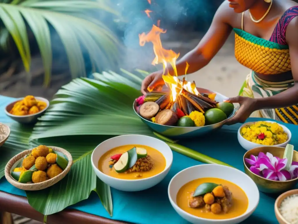 Influencia cultural gastronomía Mayotte: Mesa festiva tradicional con platos coloridos y mujeres cocinando en comunidad