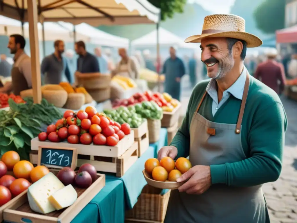 Influencia cultural gastronomía francesa: Mercado campesino francés con productos frescos y ambiente auténtico al amanecer