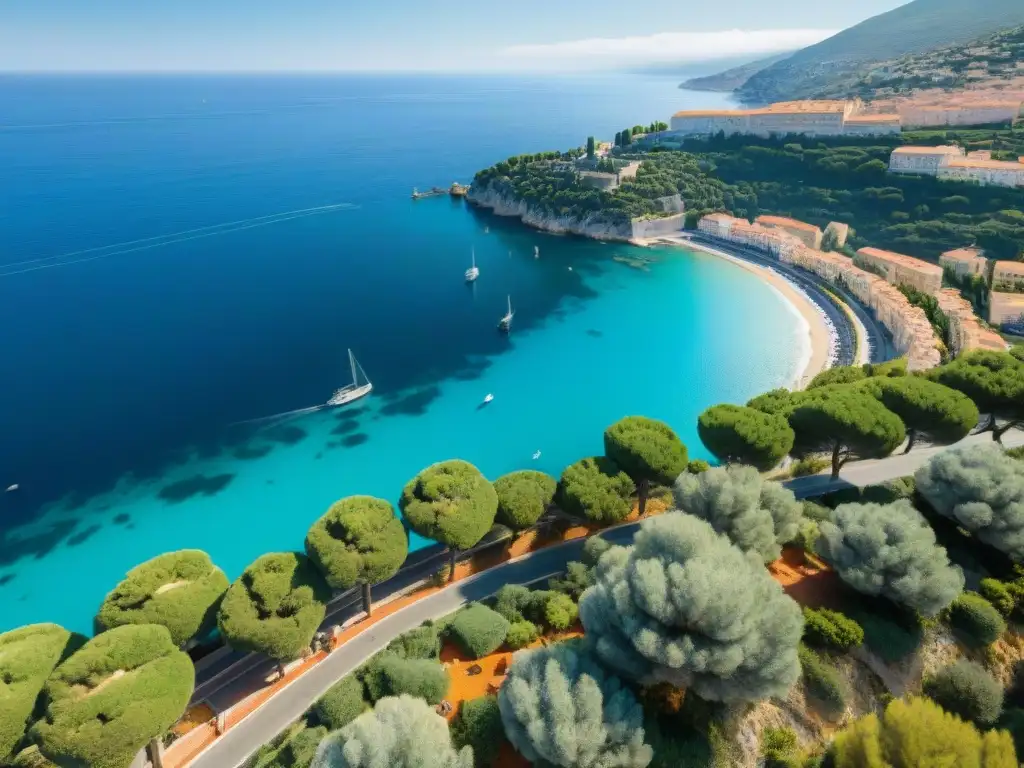 Influencia cultural gastronomía francesa: Vista panorámica de la pintoresca Riviera Francesa con el mar azul y pueblos tradicionales en acantilados