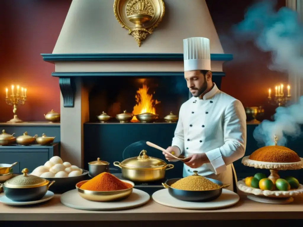 Ilustración de la influencia cultural de la gastronomía francesa en la cocina de un majestuoso castillo del siglo de las luces