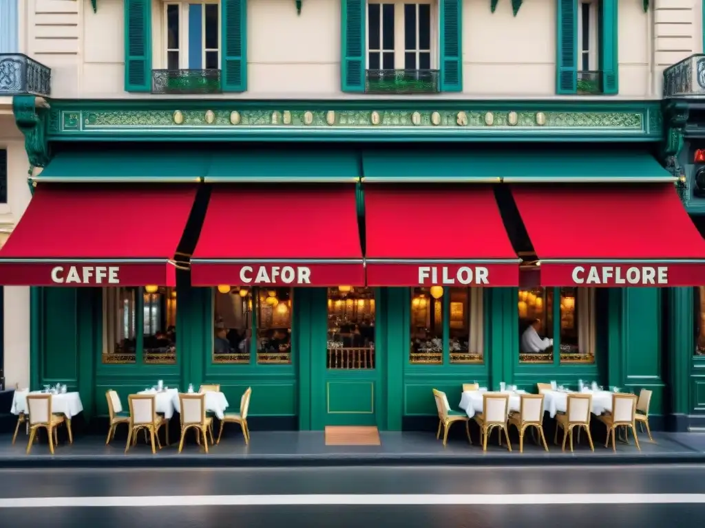 Influencia cultural en la gastronomía francesa: Fachada icónica del Café de Flore con sus toldos rojos y terraza con clientes disfrutando