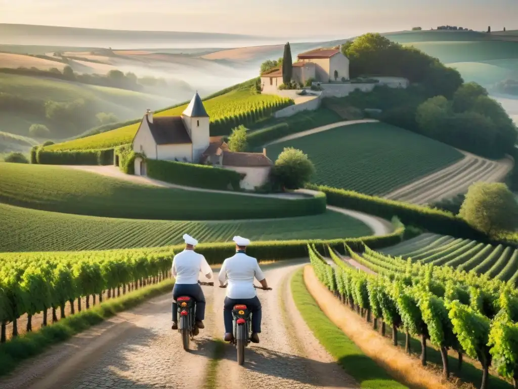 La influencia cultural gastronómica francesa cobra vida en una escena campestre idílica con chefs en bicicleta y pueblos pintorescos al atardecer