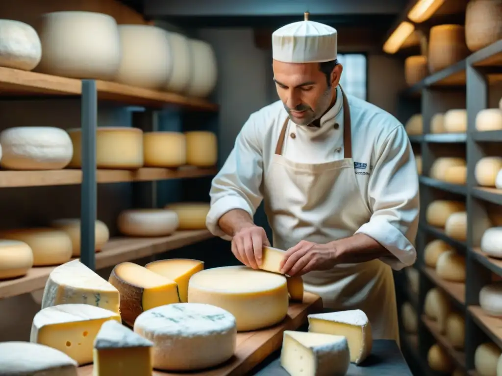 Influencia cultural quesos franceses: Maestro quesero francés elaborando queso artesanal en fromagerie tradicional