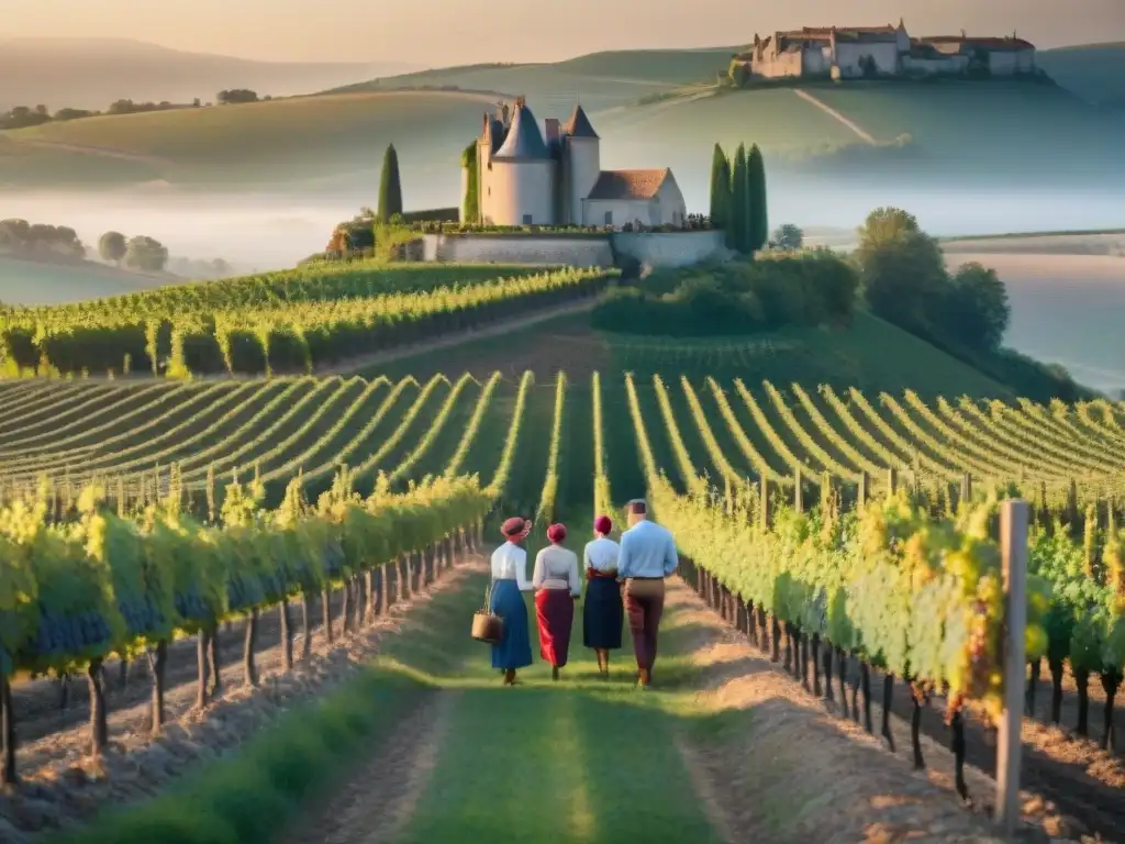 Influencia cultural de los vinos tintos franceses: Viñedo tradicional al atardecer con viticultores y château histórico