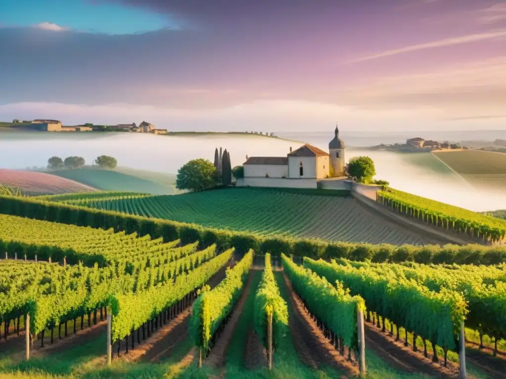 Influencia cultural de los vinos tintos franceses: viñedos de Bordeaux al atardecer, con colores vibrantes