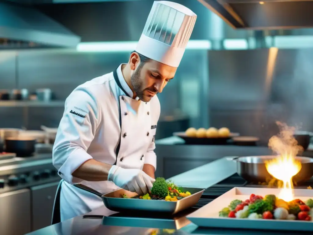 Influencia gastronomía francesa en cocina: Chef francés experto creando obra culinaria en cocina vanguardista