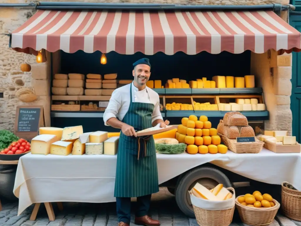 Influencia gastronomía francesa en cocina: Chef extranjero aprende de un maestro quesero francés en un bullicioso mercado provenzal