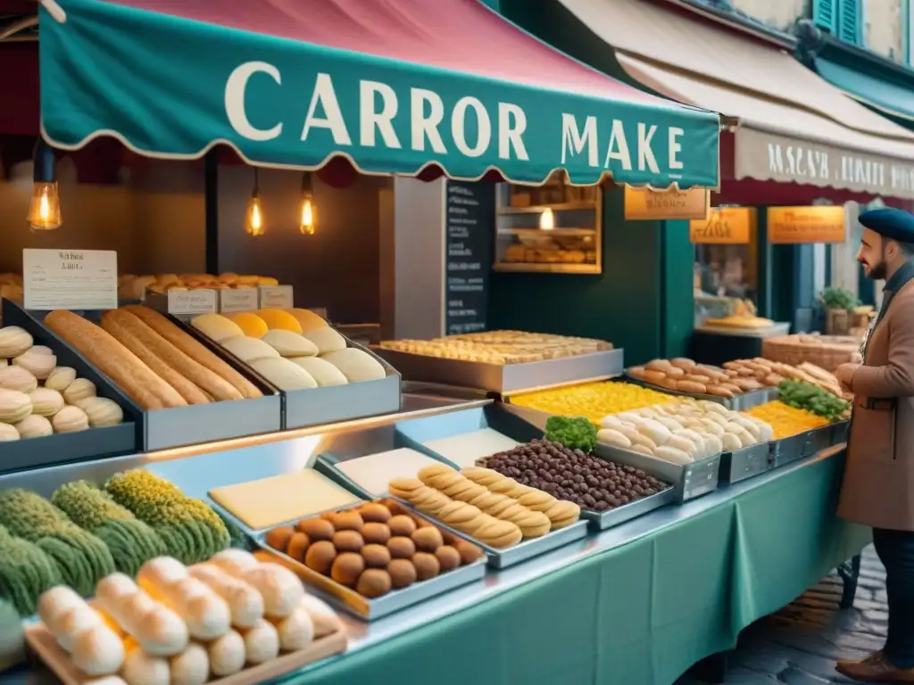 Influencia gastronomía francesa cocina mundial: Mercado francés bullicioso con productos frescos y vibrante atmósfera culinaria