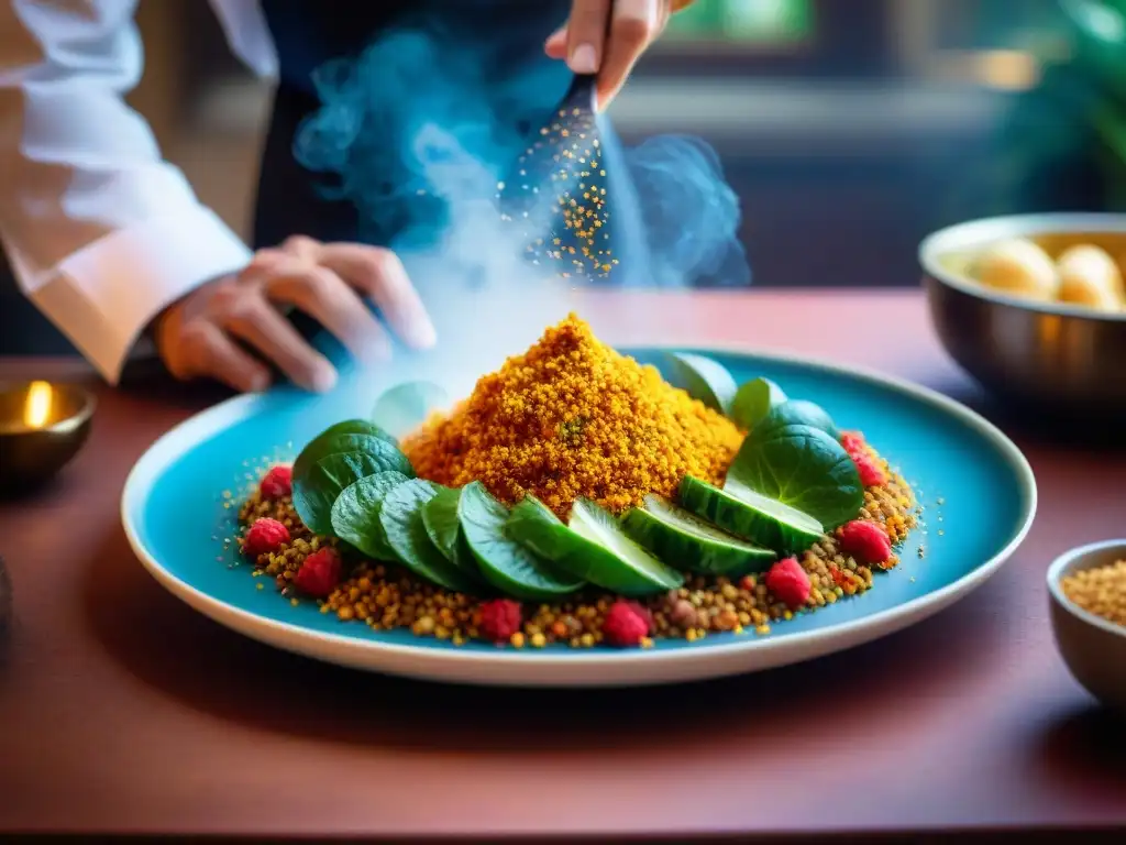 Influencia árabe en gastronomía francesa: Chef espolvoreando especias sobre un plato francés tradicional