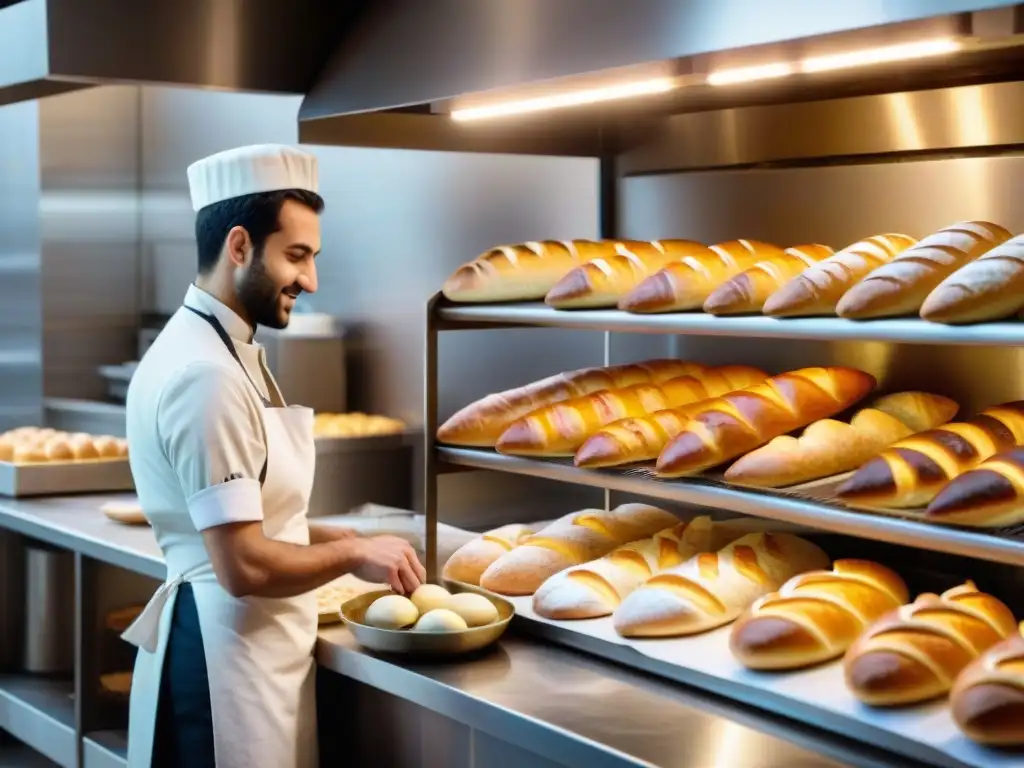 Influencia árabe en panadería francesa: Bakers árabes y franceses crean juntos baguettes y croissants en una panadería bulliciosa