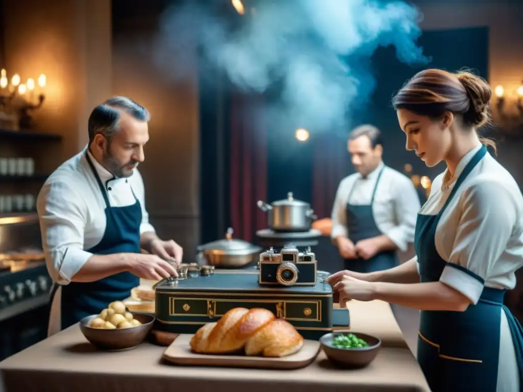 Influencia de la gastronomía francesa en cineastas: Un director famoso dirige una escena culinaria francesa en un set detallado y bullicioso