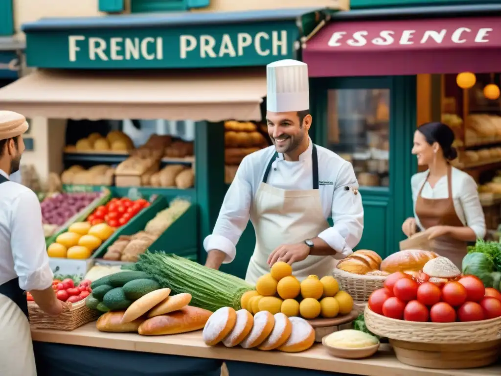 Influencia de la gastronomía francesa en cocina: Un animado mercado francés lleno de productos frescos y una panadería tradicional