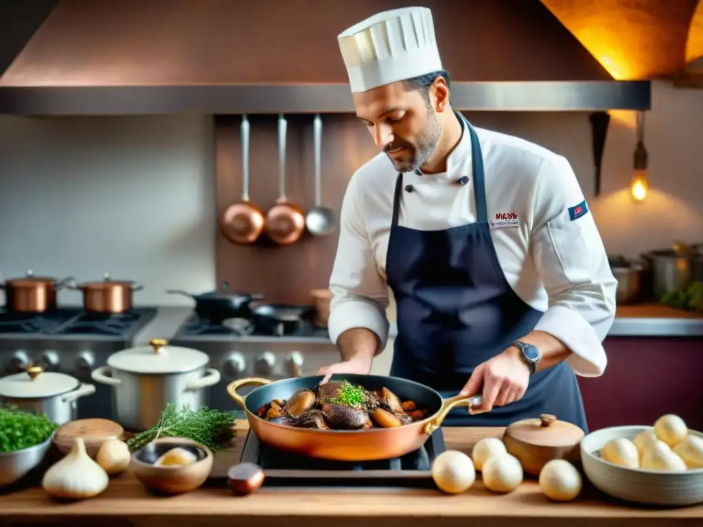 Influencia de la gastronomía francesa en la cocina: Chef preparando Coq au Vin en cocina rústica francesa