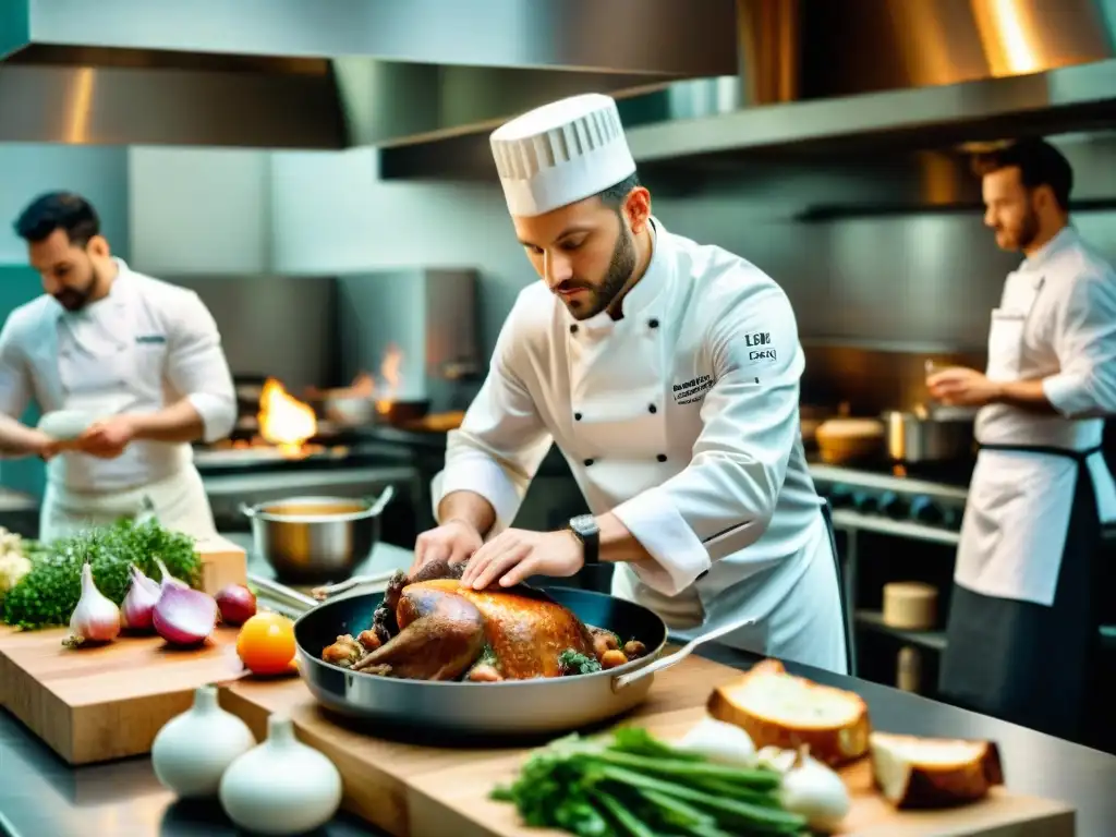 Influencia de la gastronomía francesa en una cocina bulliciosa donde un chef prepara un tradicional Coq au Vin mientras otros observan con atención