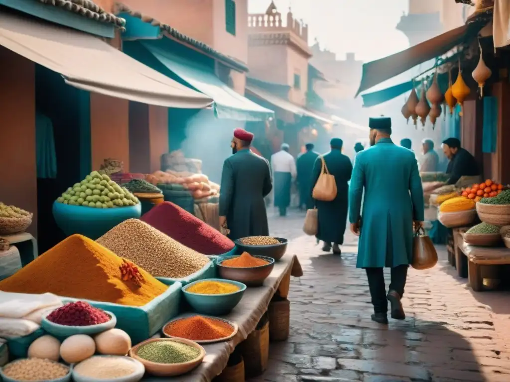 Influencia árabe en la gastronomía francesa: Mercado bullicioso en Marruecos con especias y productos frescos