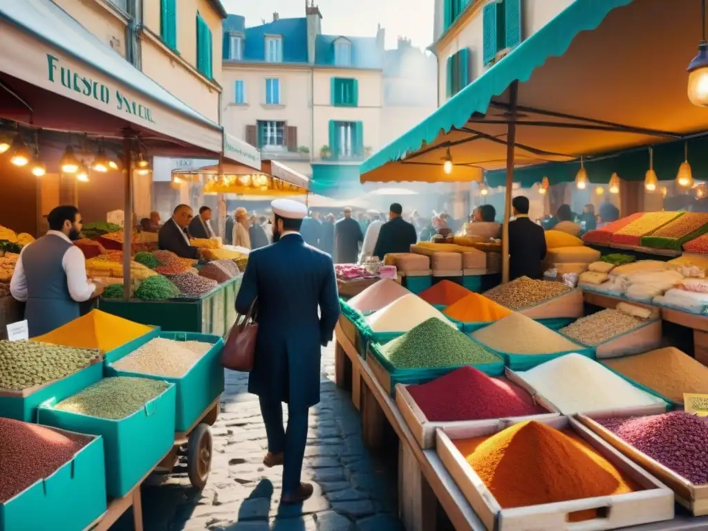 Influencia árabe en gastronomía francesa: Un mercado bullicioso con colores vibrantes y especias exóticas en puestos detallados