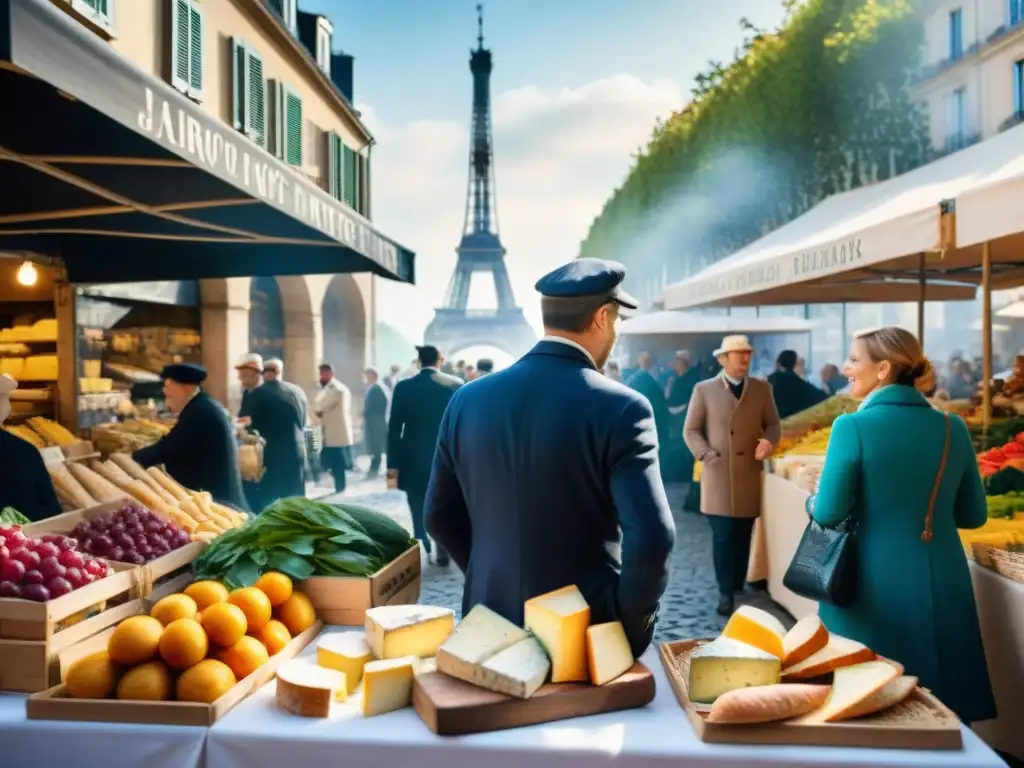 Influencia de la gastronomía francesa en el mundo: Mercado al aire libre en Francia con productos frescos y la Torre Eiffel de fondo