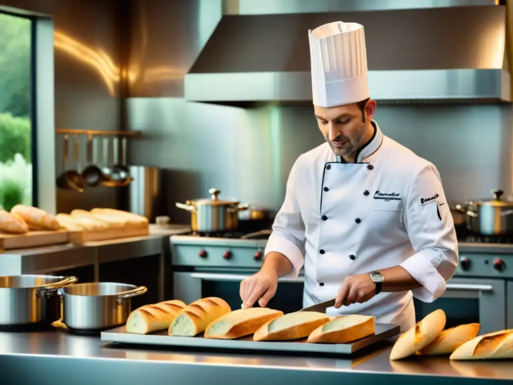 Influencia gastronómica francesa en cocina: Chef experto preparando plato clásico rodeado de ingredientes tradicionales