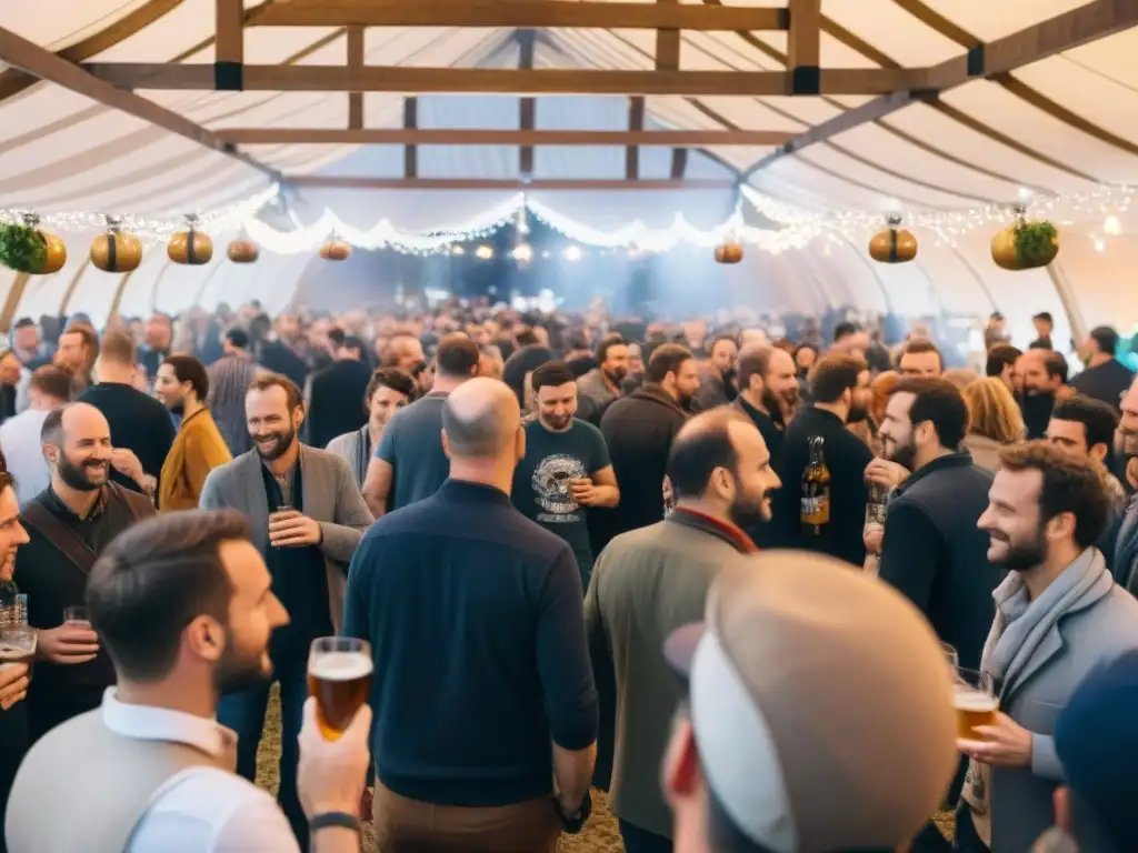 Influencia internacional en festival de cervezas artesanales francesas con animado ambiente global