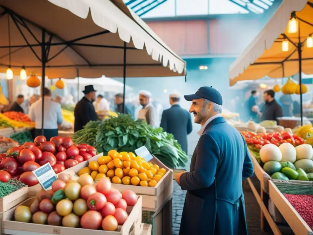 Influencia italiana en cocina francesa: Un mercado al aire libre en Francia, chefs y vendedores intercambian en ambiente vibrante y colorido