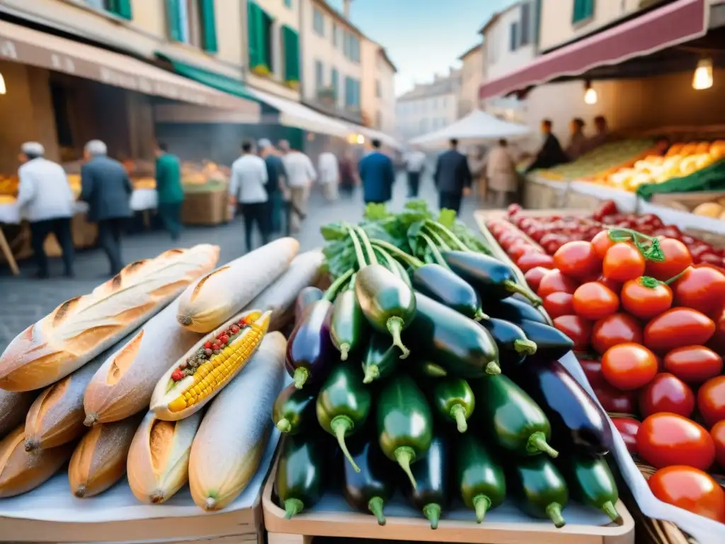 Influencia italiana en cocina francesa: Mercado vibrante en Provenza con coloridos productos frescos y una panadería tradicional al fondo