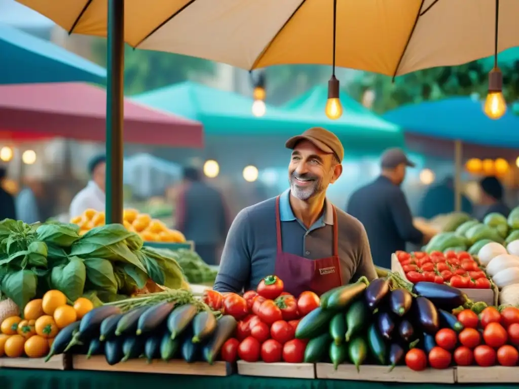 Influencia italiana en cocina francesa: Escena de mercado italiano con clientes y vendedor apasionado por verduras frescas