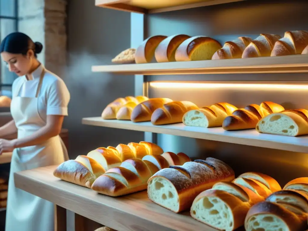 Influencia italiana en panificación francesa: Panadería tradicional con variedad de panes franceses e italianos en estantes de madera