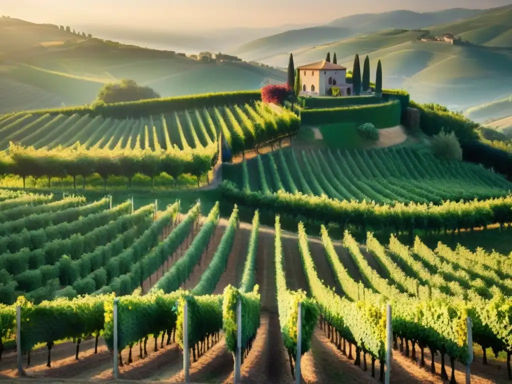 La influencia italiana en vinos franceses se refleja en una serena viña al amanecer, con trabajadores cosechando uvas bajo la luz matutina