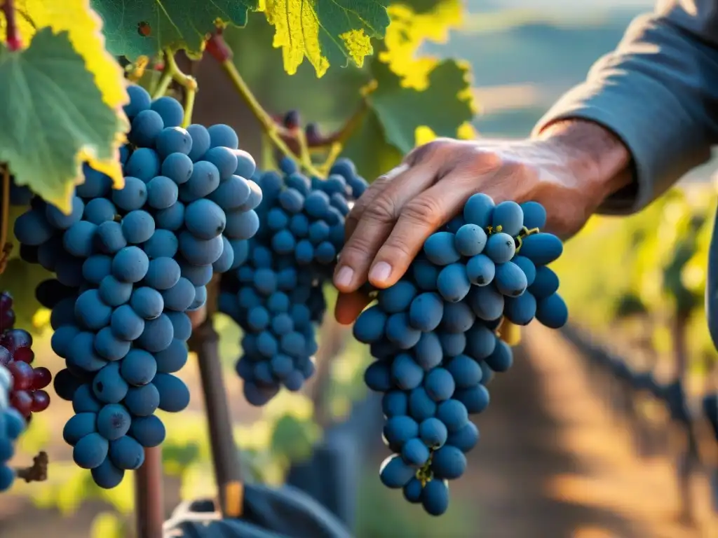 Influencia italiana en vinos franceses: cosecha manual de uvas Sangiovese en viñedos de la Toscana