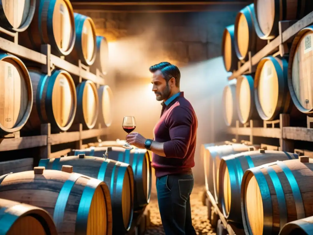 Explorando la influencia de la madera en vinos franceses: un tonelero examina barricas de roble en bodega iluminada