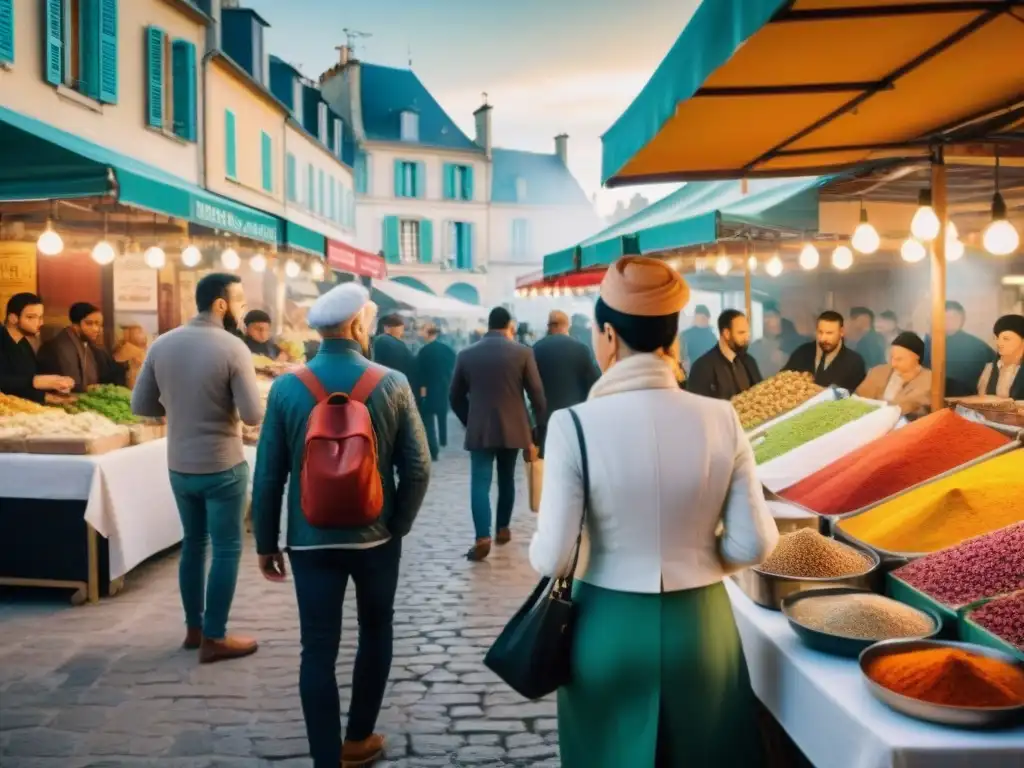 Influencia gastronomía árabe en Francia: Mercado bullicioso con colores y aromas árabes, clientes y vendedores interactuando animadamente