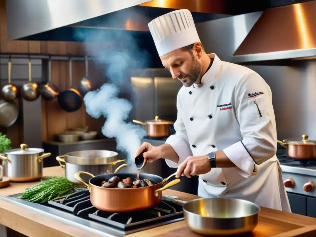 Influencia de la moda en restaurantes franceses: Chef preparando Coq au Vin en cocina parisina