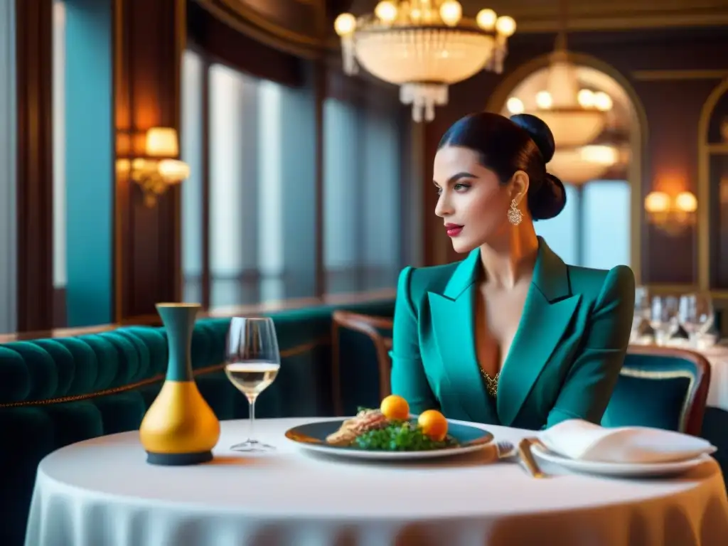 Influencia de la moda en restaurantes franceses: Elegante escena parisina con alta costura y exquisita gastronomía