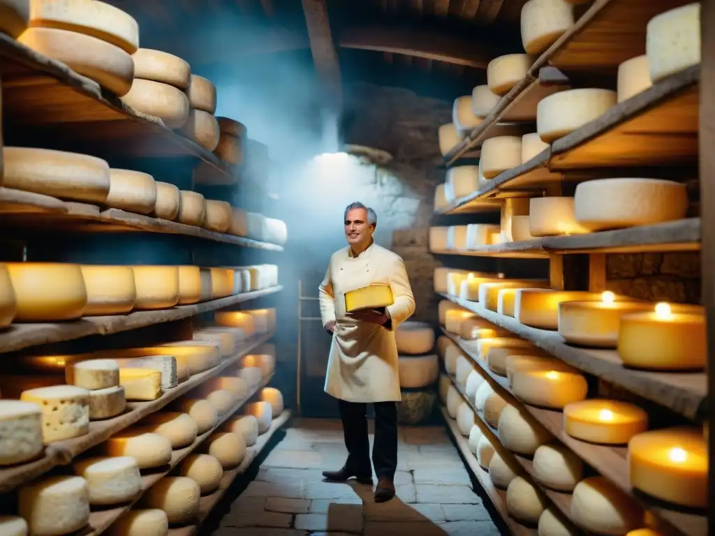 Influencia del queso en Francia: Antigua bodega de queso francés con velas titilantes, ruedas de queso y herramientas tradicionales