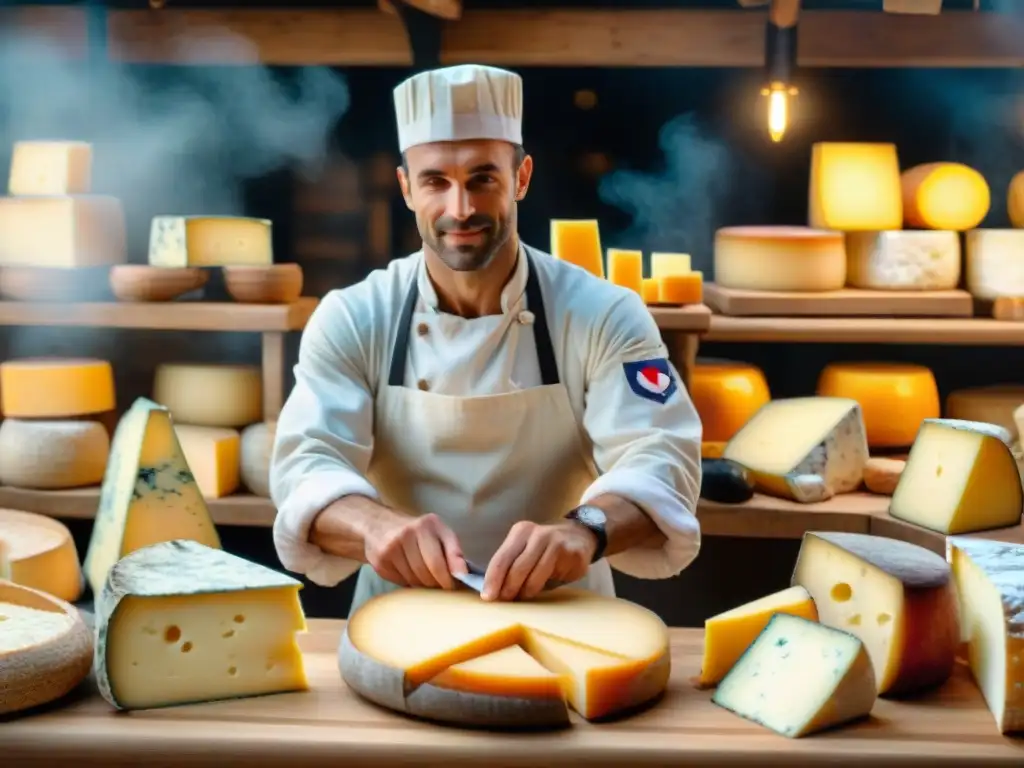 Influencia del queso en Francia: Mercado francés de quesos con variedades artesanales y ambiente tradicional