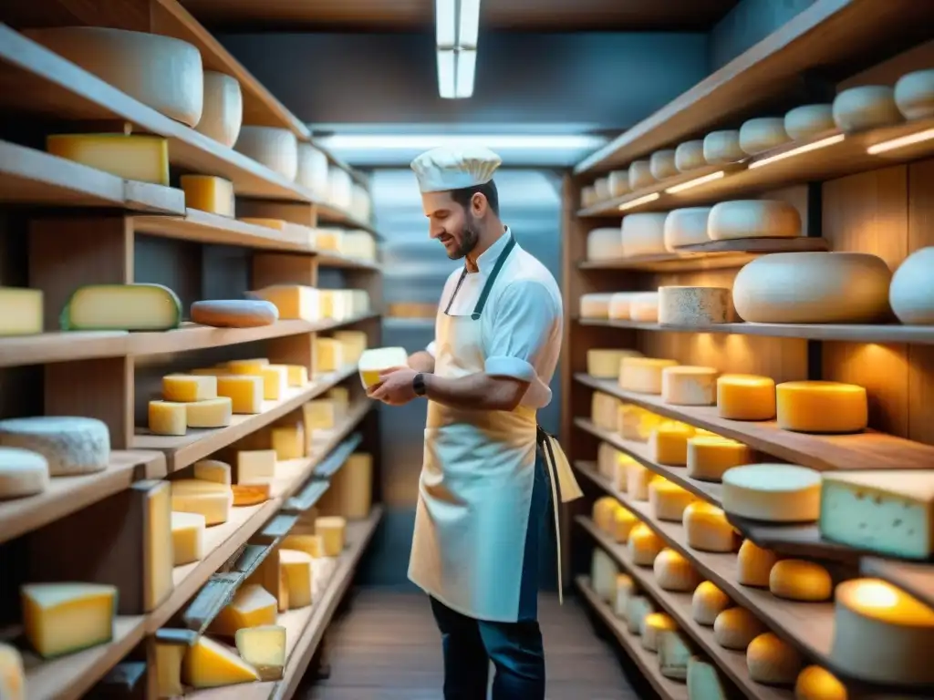 Influencia del queso en Francia: Tradicional fromagerie francesa con quesos envejecidos y artesanos elaborando productos lácteos