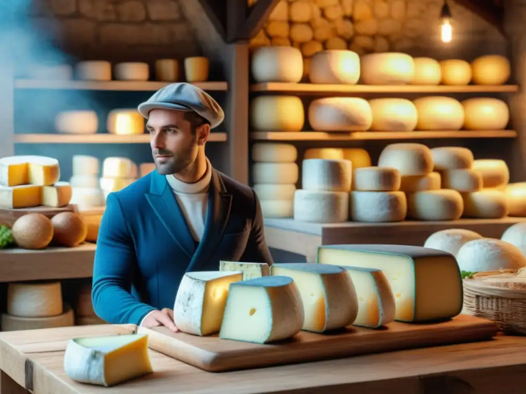 Influencia quesos franceses gastronomía mundial: Mercado francés rebosante de quesos artesanales en un pueblo encantador